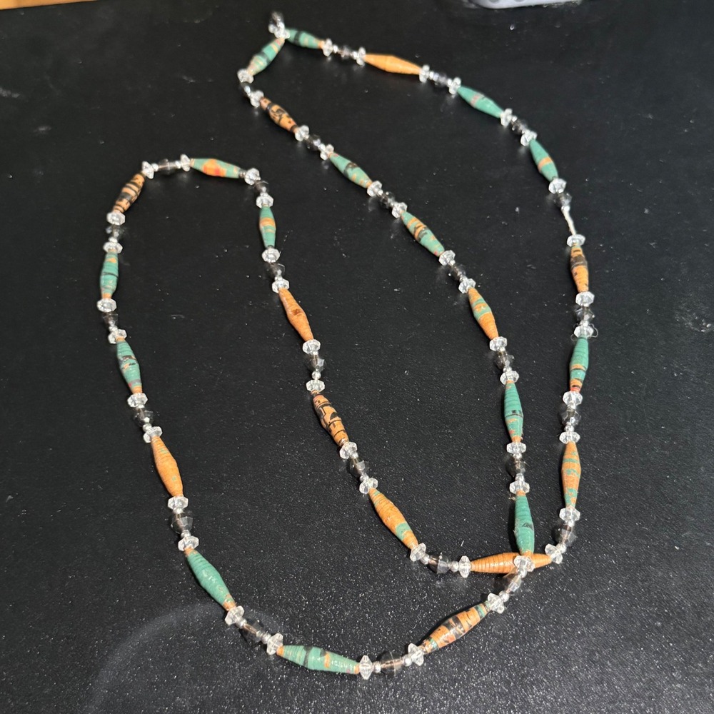 Handmade Paper Bead Long Necklace Green Orange Clear Glass Accents